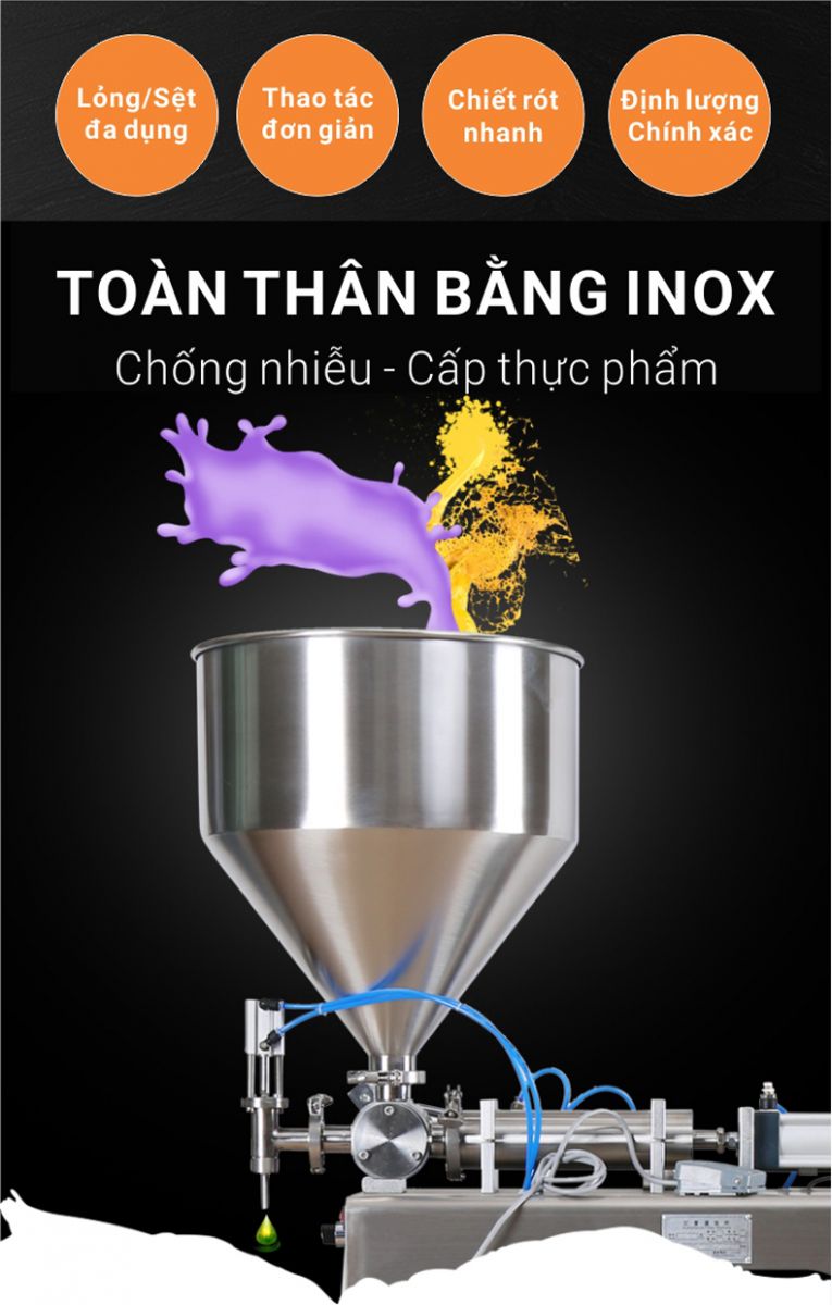 Máy chiết rót dịch sệt 1 vòi bán tự động 100ml-1000ml 2 Máy chiết rót dịch sệt 1 vòi bán tự động QM-G1WGD100 thiết kế hoàn toàn bằng inox không gỉ