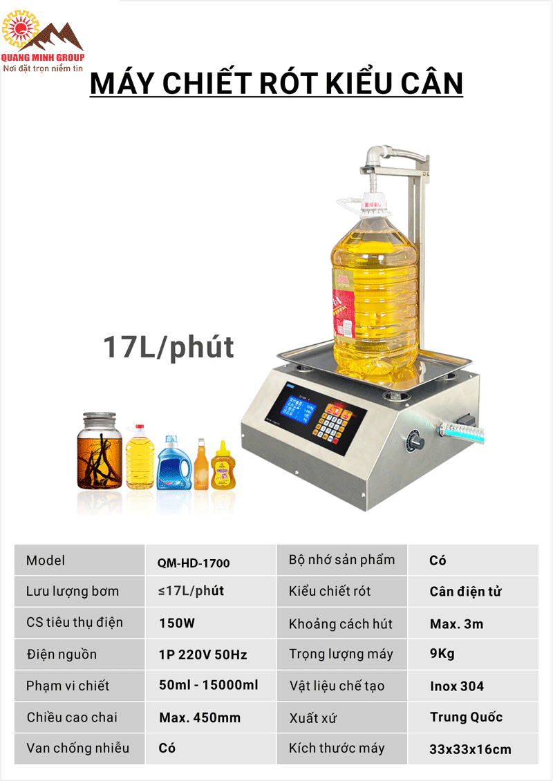 Thông số Máy chiết rót kiểu cân bán tự động 1 vòi QM-HD-1700 Thông số Máy chiết rót kiểu cân bán tự động 1 vòi QM-HD-1700