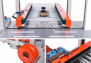 Hình ảnh băng tải và các bộ phận chính của máy dán băng dính và quấn đai thùng tự động