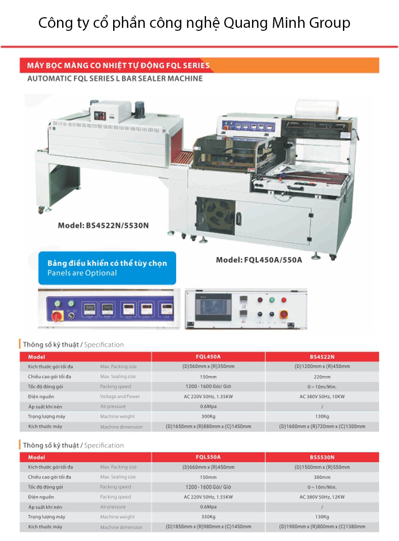 Máy bọc màng và co màng nhiệt tự động FQL Series 2 May boc mang co mang tu dong bang nhiet thong so chi tiet may