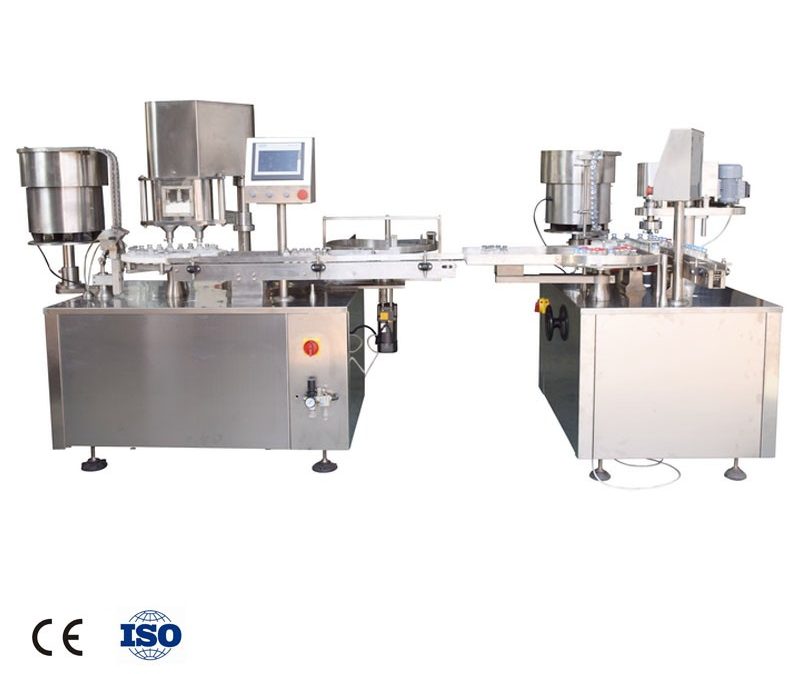 Hình ảnh máy khi kết hợp dây chuyền Máy đóng ngàm nắp chai lọ 20ml - Máy uốn nắp lọ tự động