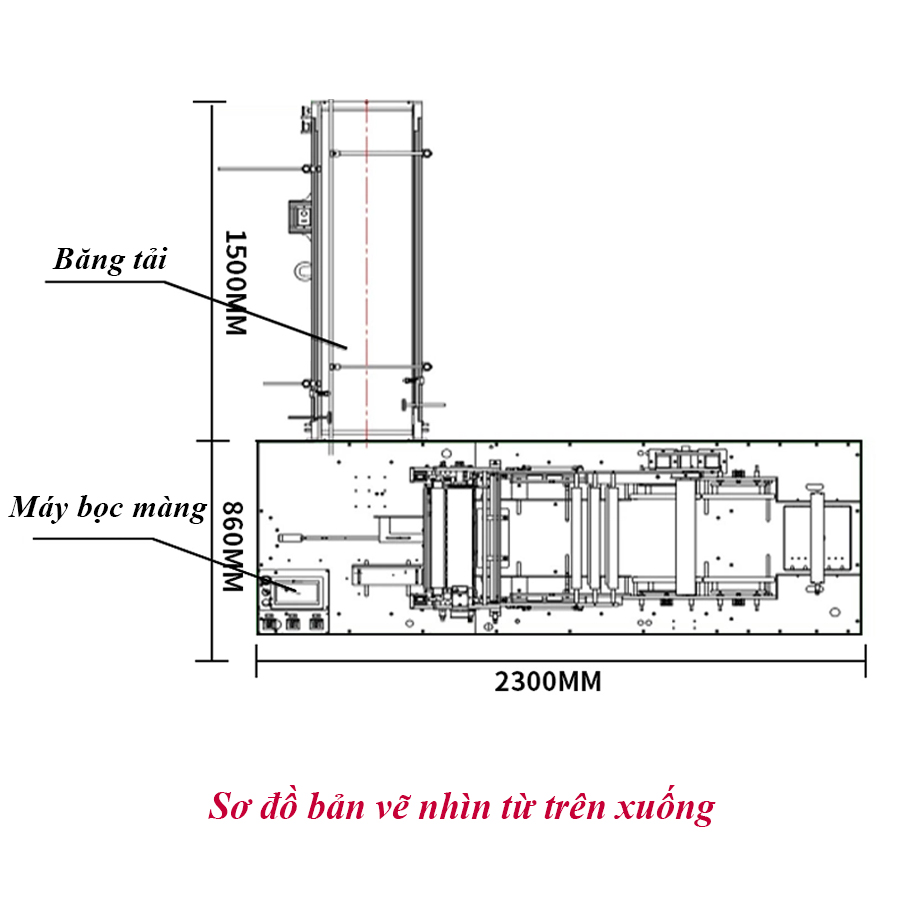 Sơ đồ bản vẽ nhìn từ trên xuống máy bọc màng bao thuốc