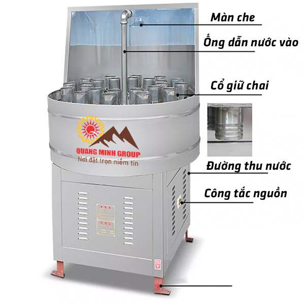 Chi tiết máy rửa chai bán tự động dạng xoay